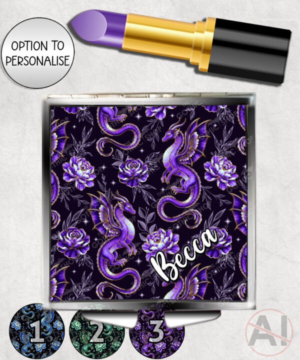 dragon with gold accents and rose floral fantasy compact mirror option to personalise