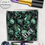dragon with gold accents and rose floral fantasy compact mirror option to personalise