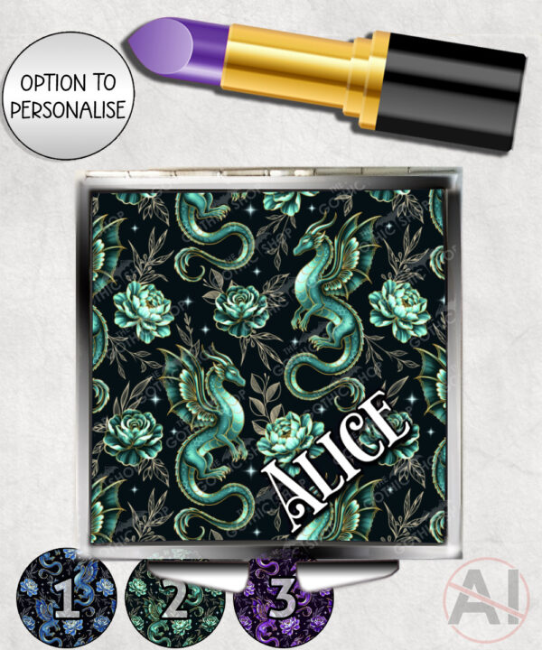 dragon with gold accents and rose floral fantasy compact mirror option to personalise