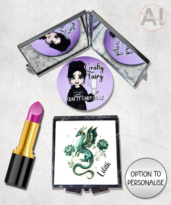 dragon with gold accents and rose floral fantasy compact mirror option to personalise
