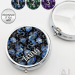 dragon with gold accents and rose floral fantasy round pill box option to personalise