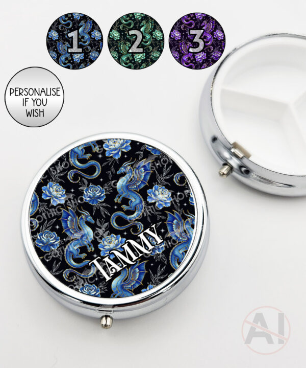 dragon with gold accents and rose floral fantasy round pill box option to personalise