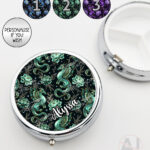 dragon with gold accents and rose floral fantasy round pill box option to personalise