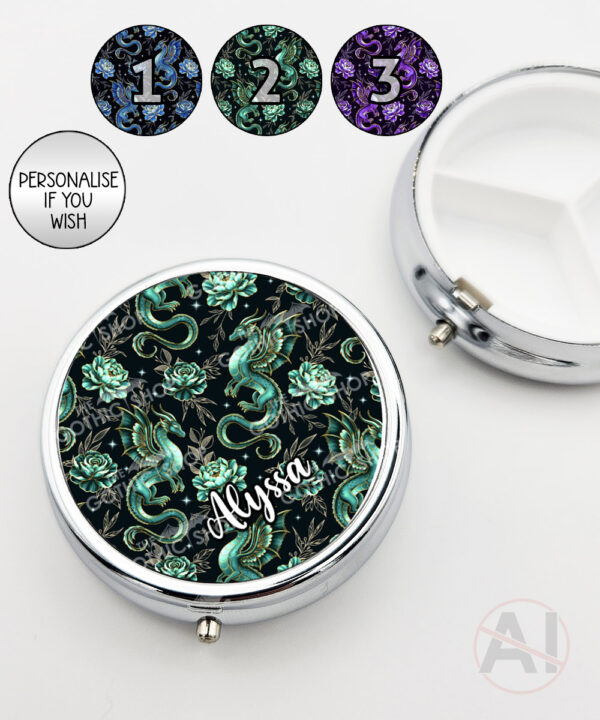 dragon with gold accents and rose floral fantasy round pill box option to personalise