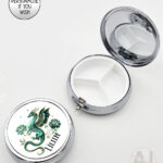 dragon with gold accents and rose floral fantasy round pill box option to personalise