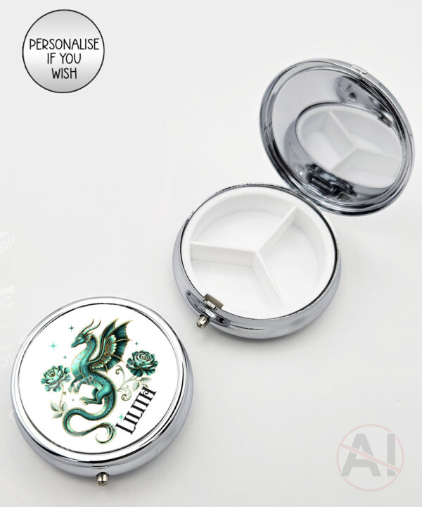 dragon with gold accents and rose floral fantasy round pill box option to personalise