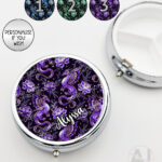 dragon with gold accents and rose floral fantasy round pill box option to personalise