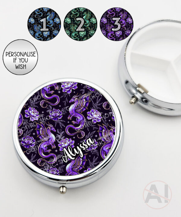 dragon with gold accents and rose floral fantasy round pill box option to personalise