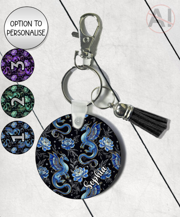 dragon with gold accents and rose floral fantasy keyring option to personalise