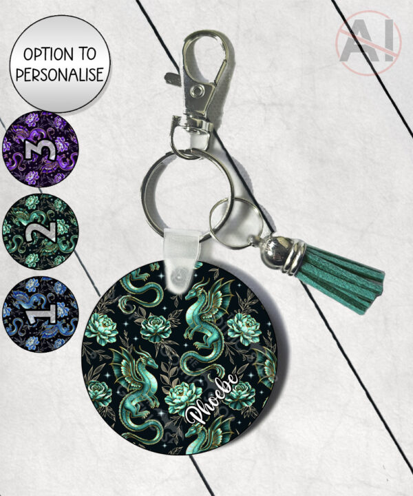 dragon with gold accents and rose floral fantasy keyring option to personalise