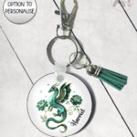 dragon with gold accents and rose floral fantasy keyring option to personalise