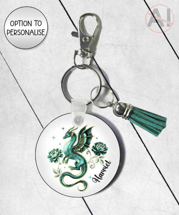 dragon with gold accents and rose floral fantasy keyring option to personalise