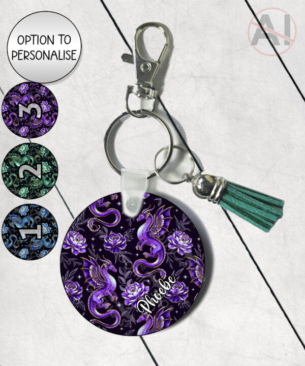 dragon with gold accents and rose floral fantasy keyring option to personalise