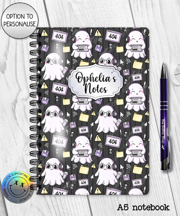 kawaii computer geek gamer ghosts notebook journal option to personalise
