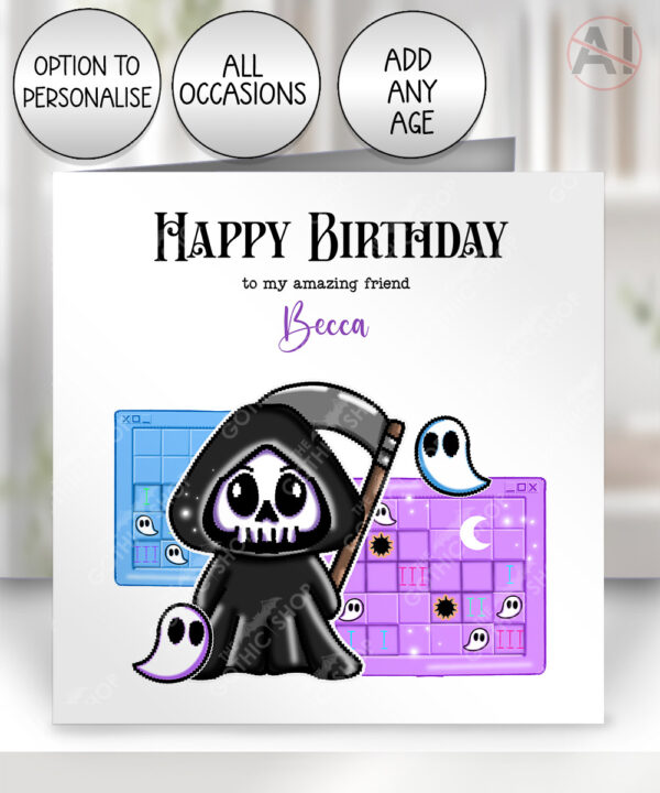 grim reaper gamer birthday / all occasions card option to personalise