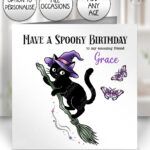 witchy black cat on broomstick gothic birthday / all occasions card option to personalise
