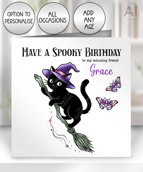 witchy black cat on broomstick gothic birthday / all occasions card option to personalise