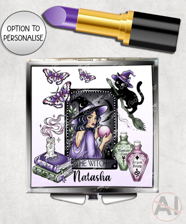 gothic witch & crystal ball mystical fantasy compact mirror option to personalise