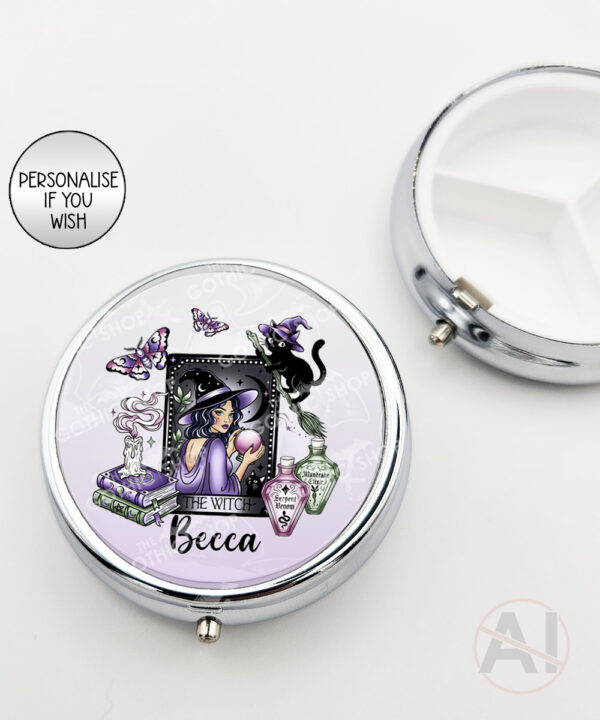 gothic witch & crystal ball mystical fantasy round pill box option to personalise