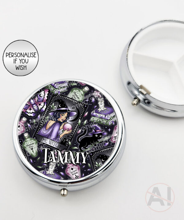 gothic witch & crystal ball mystical fantasy round pill box option to personalise
