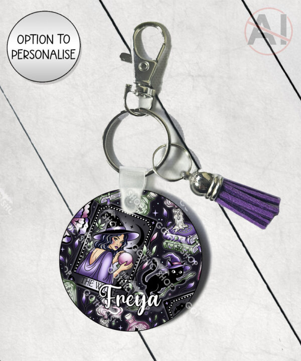 gothic witch & crystal ball mystical fantasy keyring option to personalise