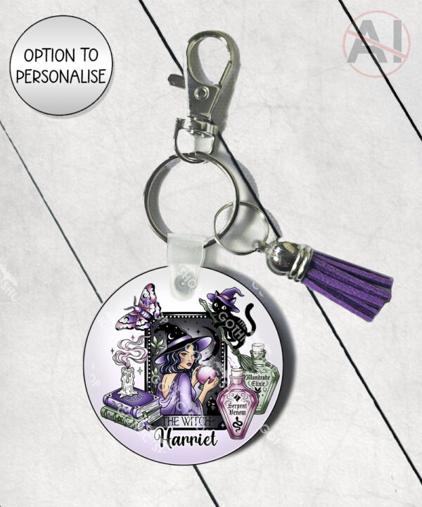 gothic witch & crystal ball mystical fantasy keyring option to personalise