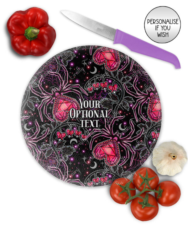 gothic spiders and bleeding hearts personalised glass chopping board