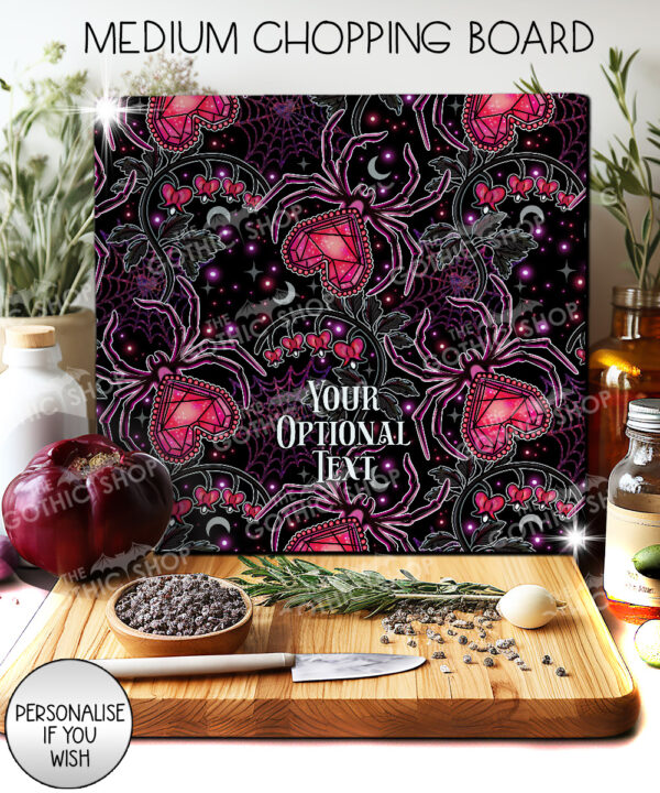 gothic spiders and bleeding hearts personalised glass chopping board
