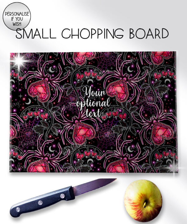 gothic spiders and bleeding hearts personalised glass chopping board