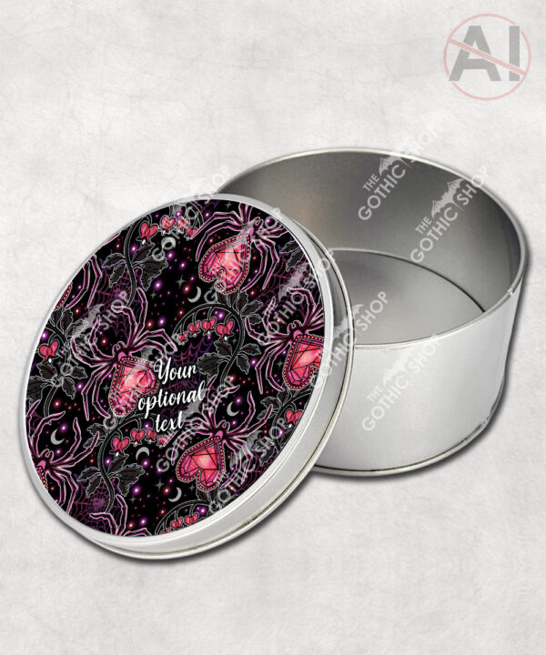 gothic spiders and bleeding hearts personalised storage tin