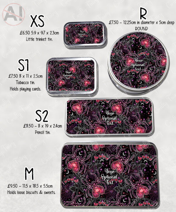 gothic spiders and bleeding hearts personalised storage tin