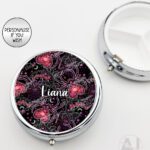 gothic spiders and bleeding hearts personalised round pill box