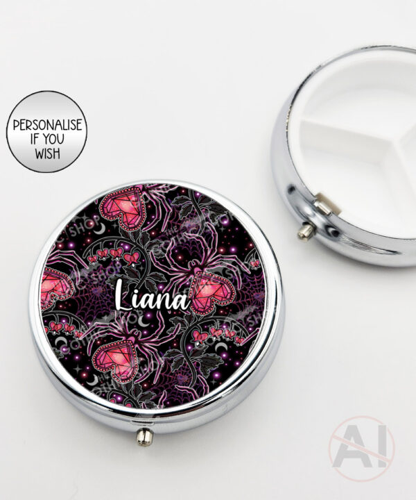 gothic spiders and bleeding hearts personalised round pill box