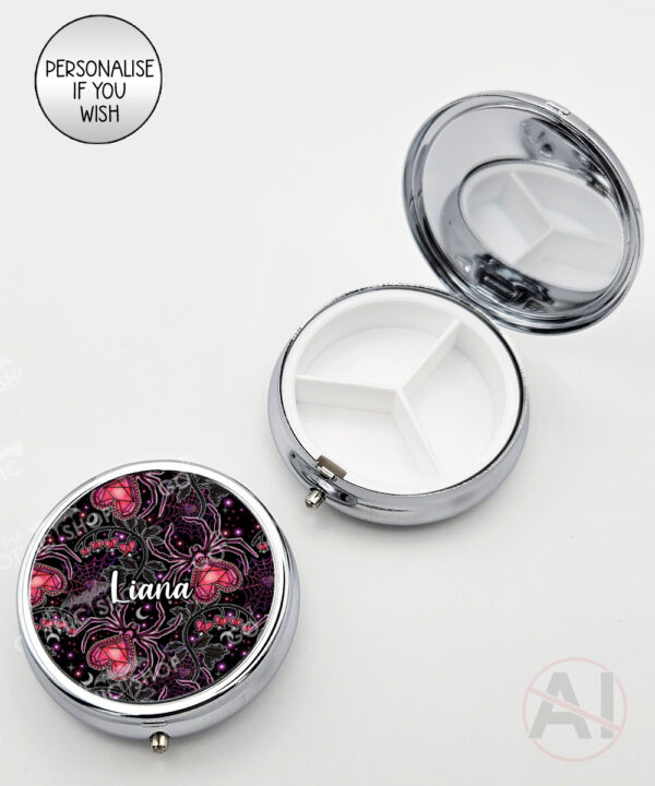 gothic spiders and bleeding hearts personalised round pill box