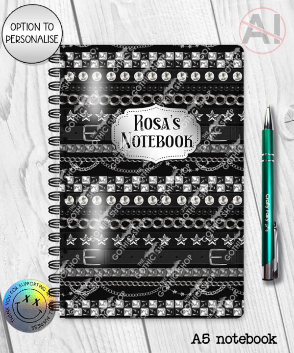 emo gothic punk studded straps print personalised notebook journal