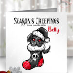 creepy santa dog season’s creepings christmas card option to personalise
