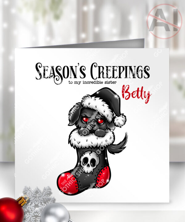 creepy santa dog season’s creepings christmas card option to personalise