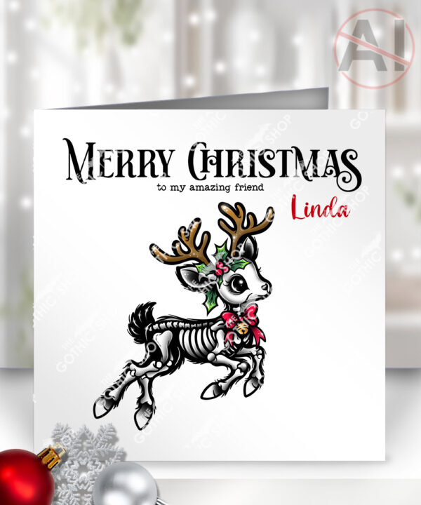skeleton reindeer gothic christmas card option to personalise