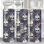 gothic skulls, butterflies and purple rose personalised straight tumbler