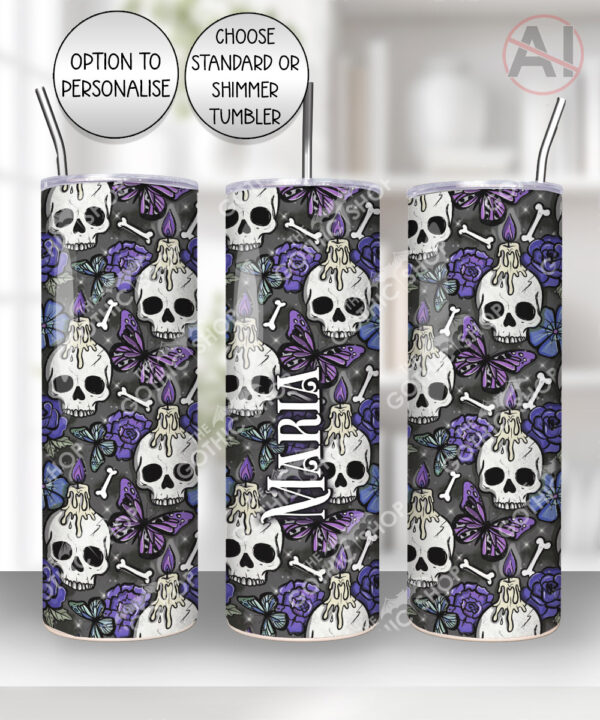 gothic skulls, butterflies and purple rose personalised straight tumbler