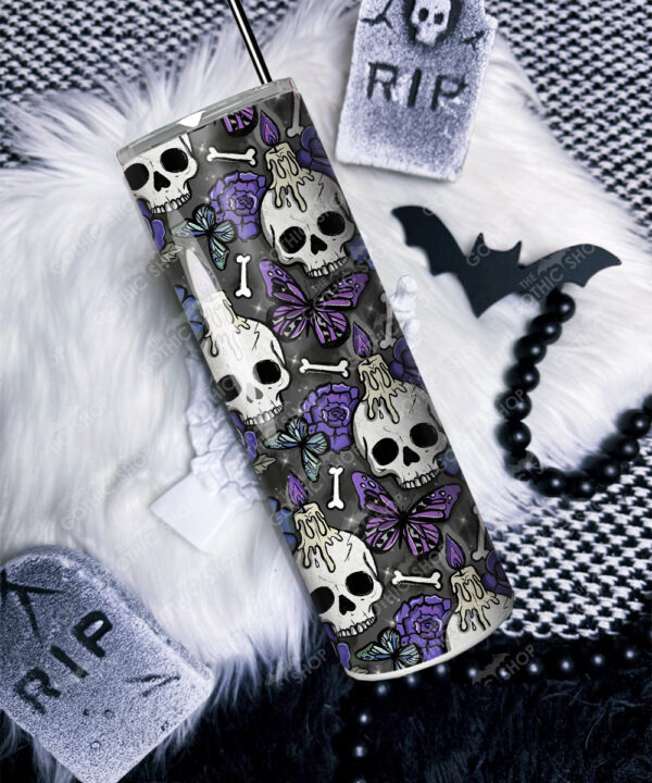 gothic skulls, butterflies and purple rose personalised straight tumbler