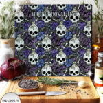 gothic skulls, butterflies and purple rose personalised glass chopping board