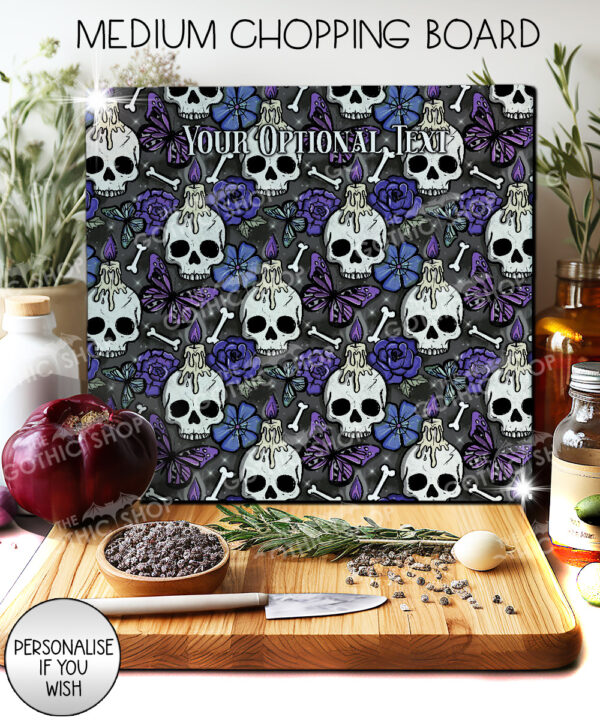 gothic skulls, butterflies and purple rose personalised glass chopping board