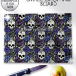 gothic skulls, butterflies and purple rose personalised glass chopping board