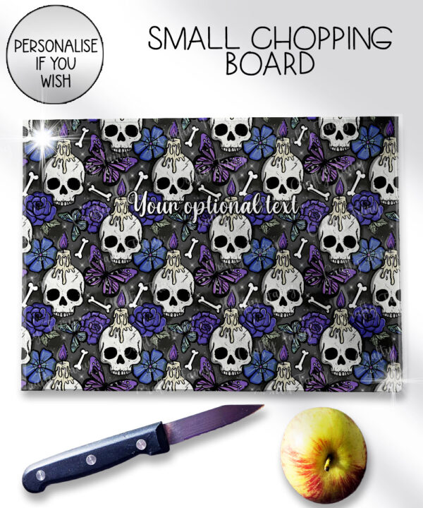 gothic skulls, butterflies and purple rose personalised glass chopping board