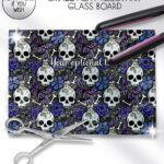 gothic skulls, butterflies and purple rose personalised glass chopping board