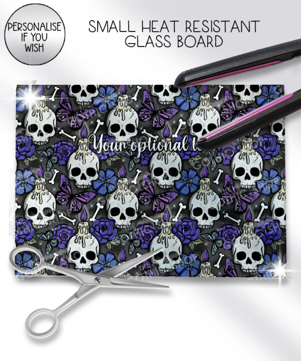 gothic skulls, butterflies and purple rose personalised glass chopping board