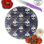 gothic skulls, butterflies and purple rose personalised glass chopping board