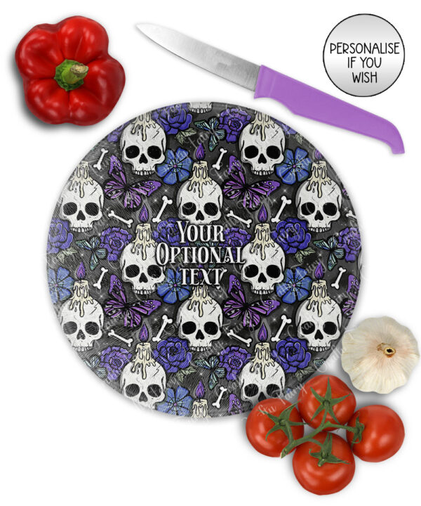 gothic skulls, butterflies and purple rose personalised glass chopping board