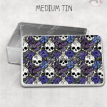 gothic skulls, butterflies and purple rose personalised storage tin